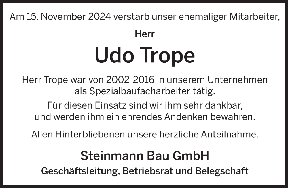  Traueranzeige für Udo Trope vom 27.11.2024 aus Deister- und Weserzeitung