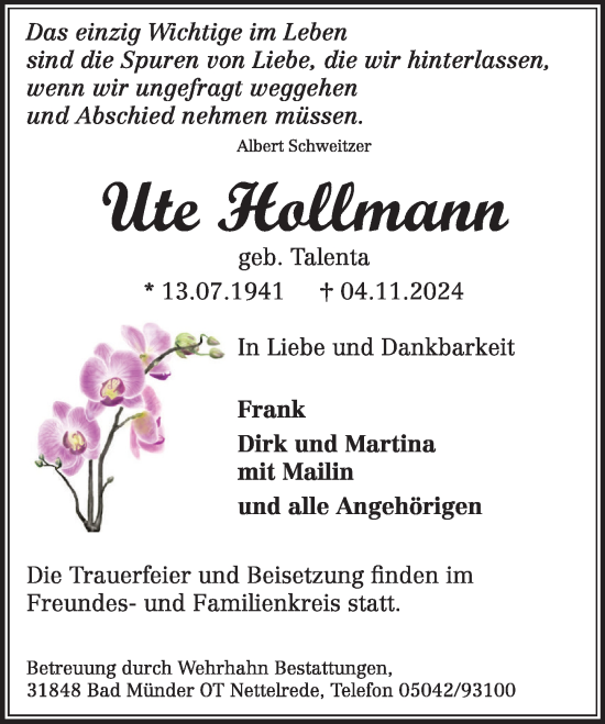 Traueranzeige von Ute Hallmann von Neue Deister-Zeitung