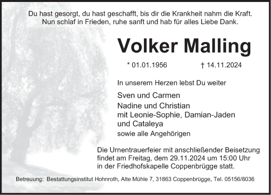 Traueranzeige von Volker Malling von Deister- und Weserzeitung