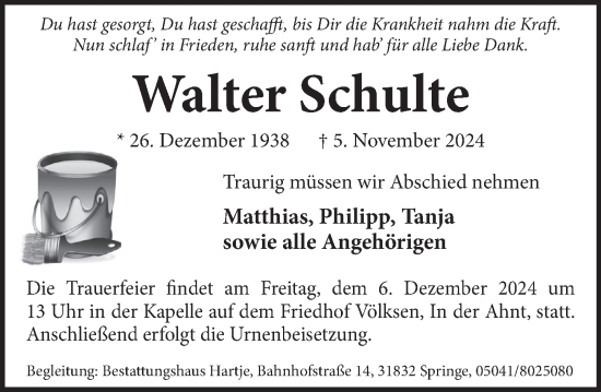 Traueranzeige von Walter Schulte von Neue Deister-Zeitung