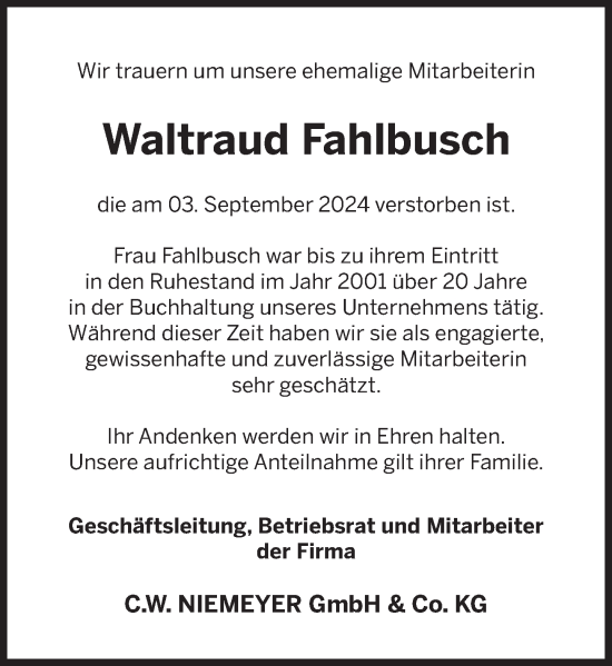 Traueranzeige von Waltraud Fahlbusch von Deister- und Weserzeitung
