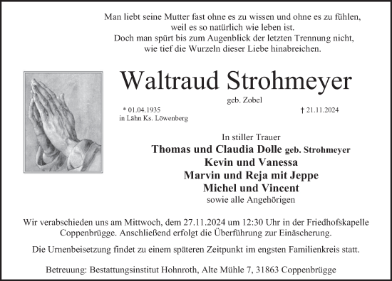 Traueranzeige von Waltraud Strohmeyer von Deister- und Weserzeitung