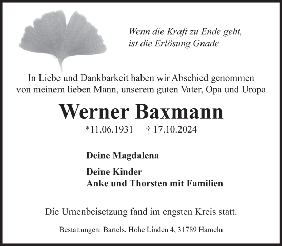 Traueranzeige von Werner Baxmann von Deister- und Weserzeitung