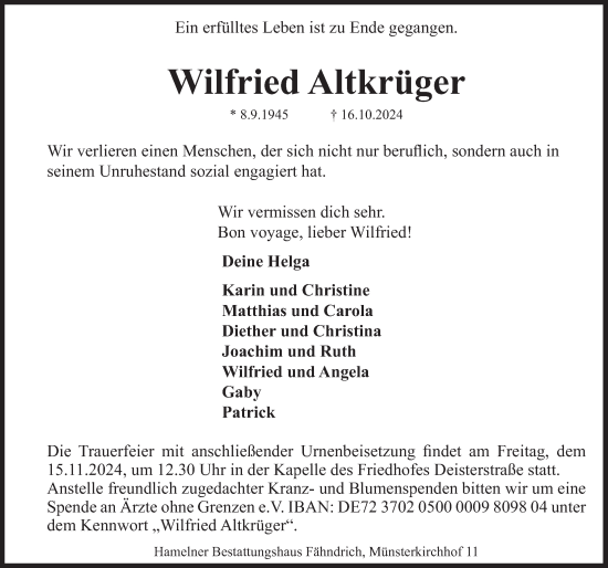 Traueranzeige von Wilfried Altkrüger von Deister- und Weserzeitung