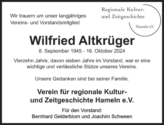 Traueranzeige von Wilfried Altkrüger von Deister- und Weserzeitung