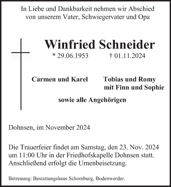 Traueranzeige von Winfried Schneider von Deister- und Weserzeitung