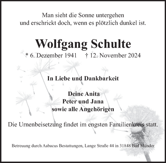 Traueranzeige von Wolfgang Schulte von Deister- und Weserzeitung
