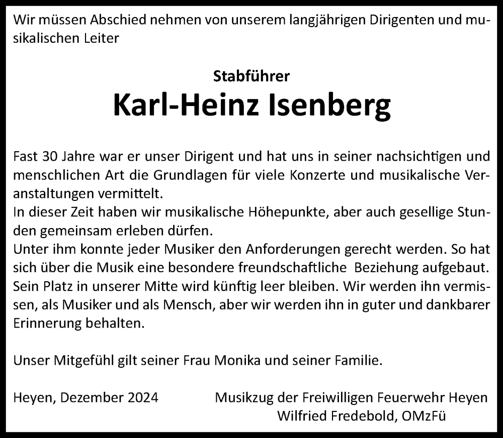  Traueranzeige für Karl-Heinz Isenberg vom 05.12.2024 aus Deister- und Weserzeitung