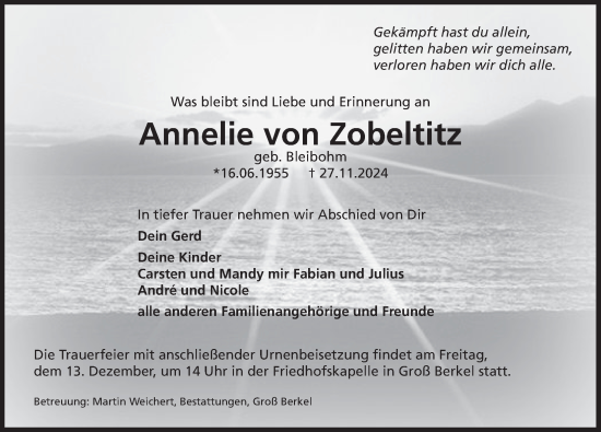 Traueranzeige von Annelie  von Zobeltitz von Deister- und Weserzeitung