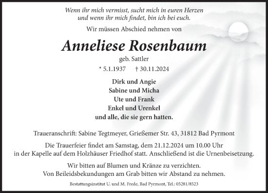 Traueranzeige von Anneliese Rosenbaum von Deister- und Weserzeitung