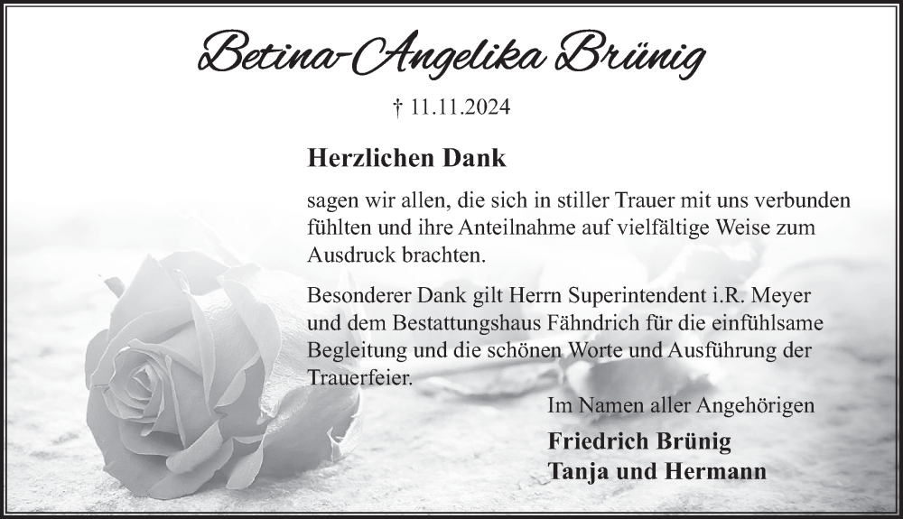  Traueranzeige für Betina-Angelika Brünig vom 07.12.2024 aus Deister- und Weserzeitung