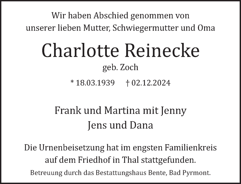  Traueranzeige für Charlotte Reinecke vom 14.12.2024 aus Deister- und Weserzeitung