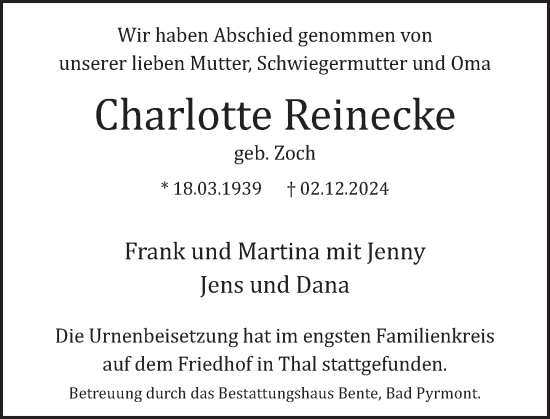 Traueranzeige von Charlotte Reinecke von Deister- und Weserzeitung