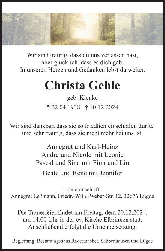 Traueranzeige von Christa Gehle von Deister- und Weserzeitung