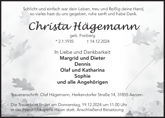 Traueranzeige von Christa Hägemann von Deister- und Weserzeitung