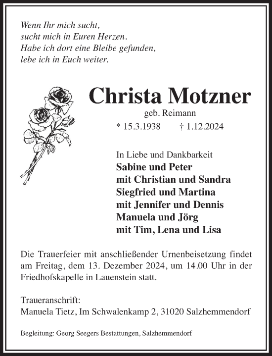 Traueranzeige von Christa Motzner von Deister- und Weserzeitung