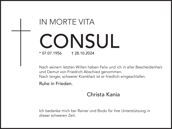 Traueranzeige von Consul  von Deister- und Weserzeitung