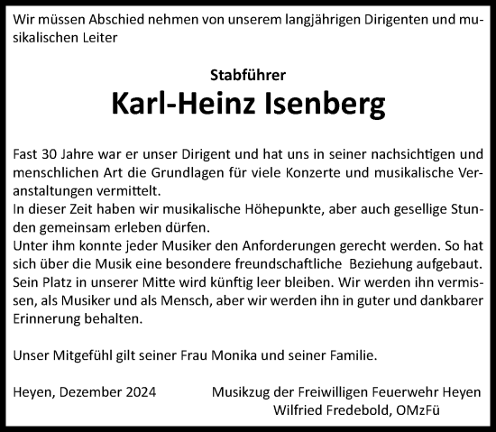 Traueranzeige von Karl-Heinz Isenberg von Deister- und Weserzeitung