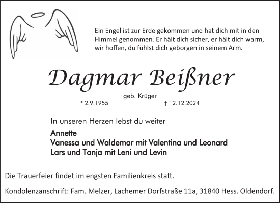 Traueranzeige von Dagmar Beißner von Deister- und Weserzeitung