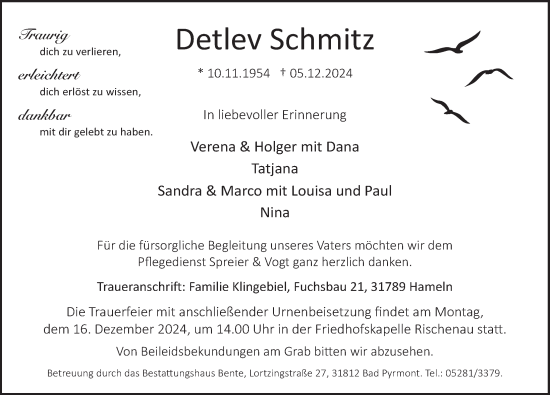 Traueranzeige von Detlev Schmitz von Deister- und Weserzeitung