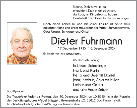 Traueranzeige von Dieter Fuhrmann von Deister- und Weserzeitung