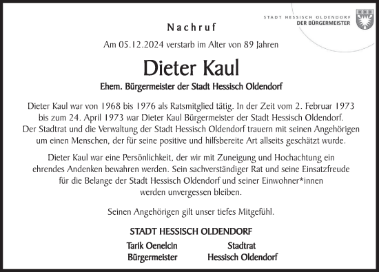 Traueranzeige von Dieter Kaul von Deister- und Weserzeitung