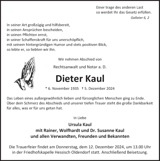 Traueranzeige von Dieter Kaul von Deister- und Weserzeitung