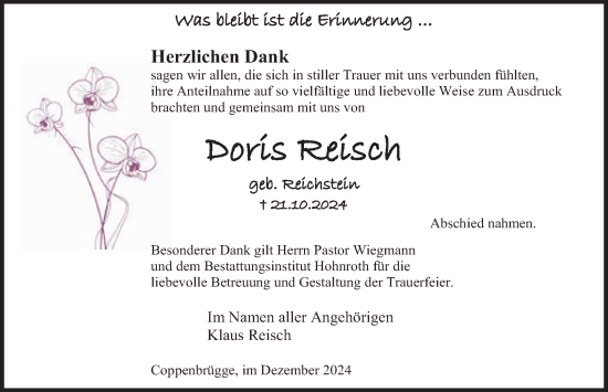 Traueranzeige von Doris Reisch von Deister- und Weserzeitung