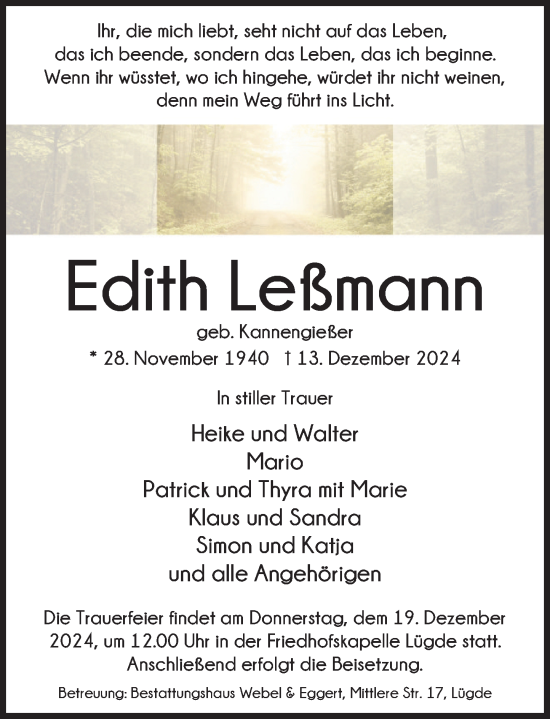 Traueranzeige von Edith Leßmann von Deister- und Weserzeitung