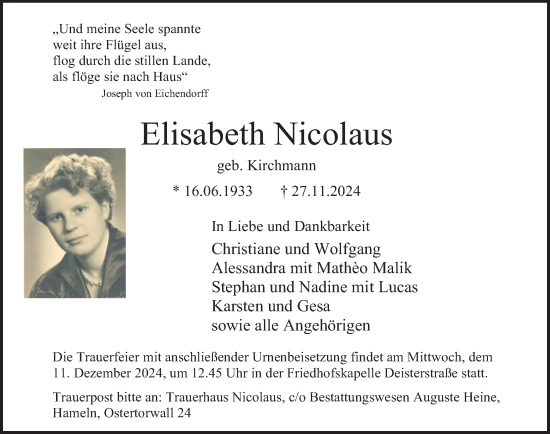 Traueranzeige von Elisabeth Nicolaus von Deister- und Weserzeitung