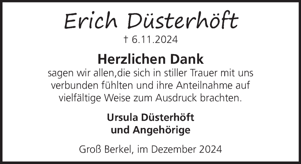  Traueranzeige für Erich Düsterhöft vom 07.12.2024 aus Deister- und Weserzeitung