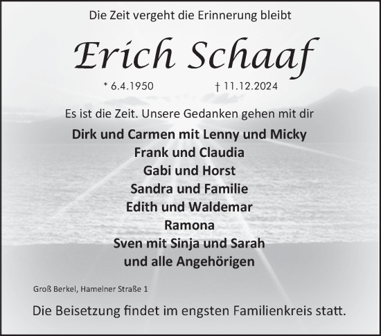 Traueranzeige von Erich Schaaf von Deister- und Weserzeitung