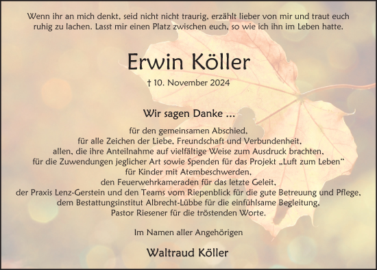 Traueranzeige von Erwin Köller von Deister- und Weserzeitung