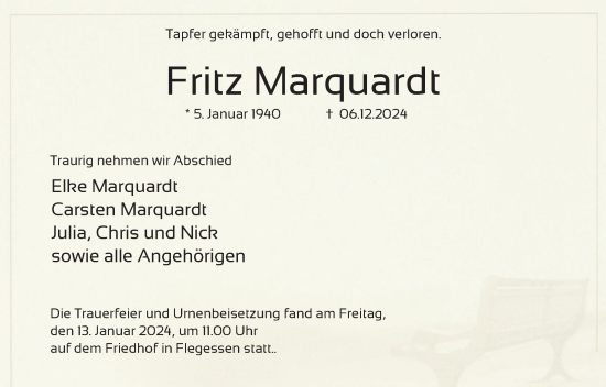 Traueranzeige von Fritz Marquardt von Neue Deister-Zeitung