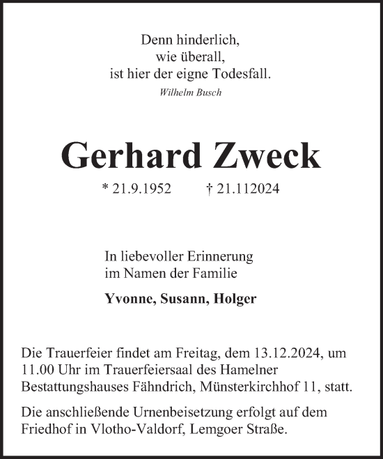 Traueranzeige von Gerhard Zweck von Deister- und Weserzeitung