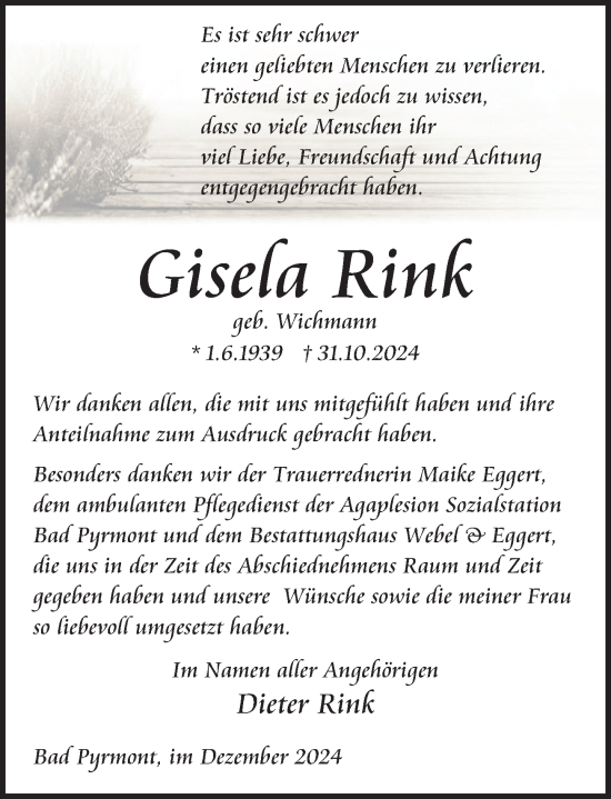 Traueranzeige von Gisela Rink von Deister- und Weserzeitung