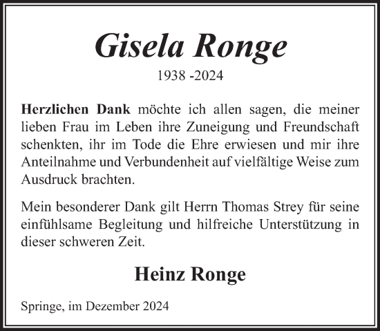 Traueranzeige von Gisela Ronge von Neue Deister-Zeitung