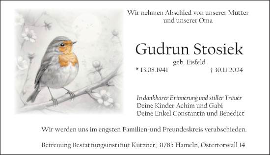 Traueranzeige von Gudrun Stosiek von Deister- und Weserzeitung