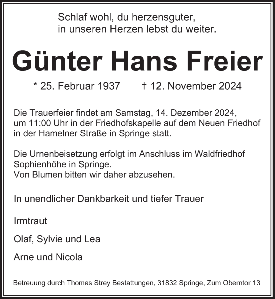 Traueranzeige von Günter Hans Freier von Neue Deister-Zeitung