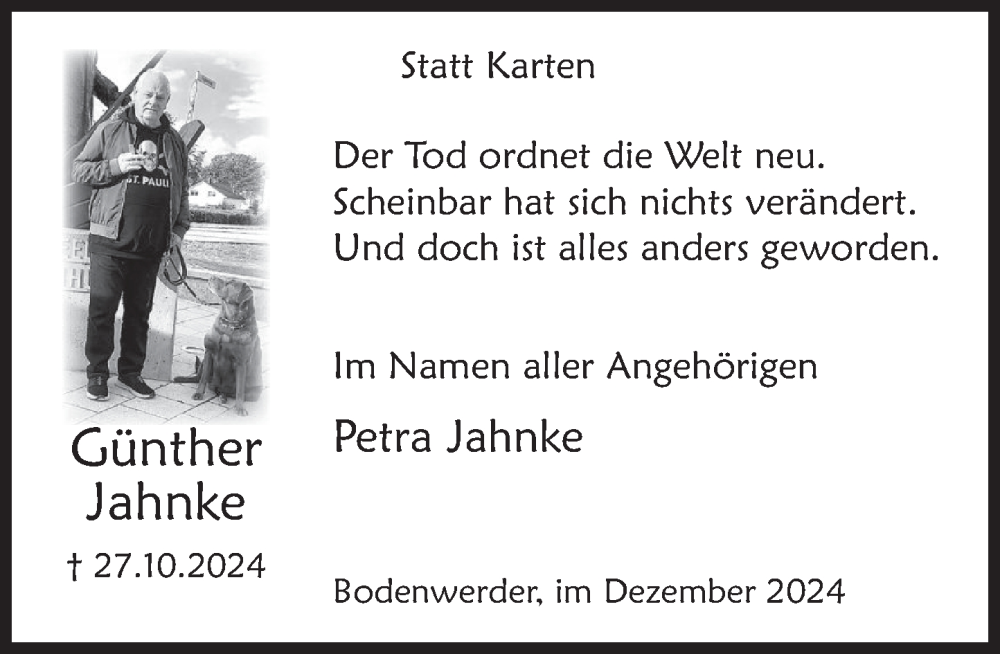  Traueranzeige für Günther Jahnke vom 07.12.2024 aus Deister- und Weserzeitung