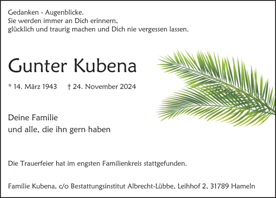Traueranzeige von Gunter Kubena von Deister- und Weserzeitung