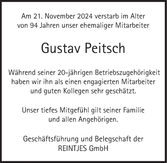 Traueranzeige von Gustav Peitsch von Deister- und Weserzeitung