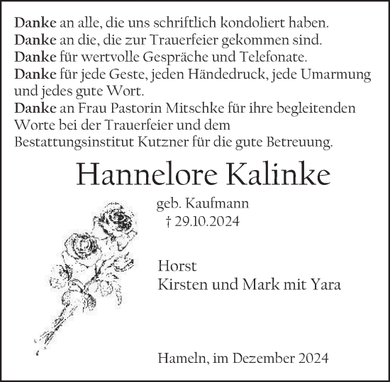 Traueranzeige von Hannelore Kalinke von Deister- und Weserzeitung