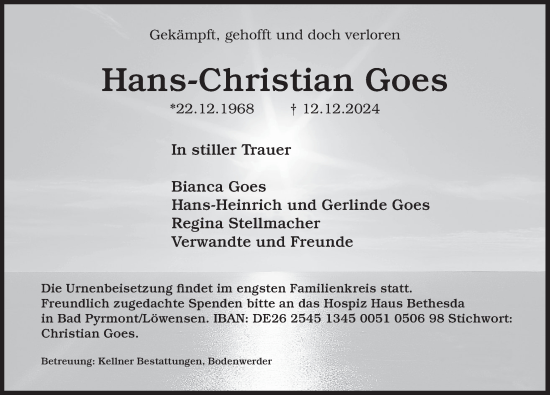 Traueranzeige von Hans-Christian Goes von Deister- und Weserzeitung