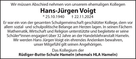 Traueranzeige von Hans-Jürgen Voigt von Deister- und Weserzeitung
