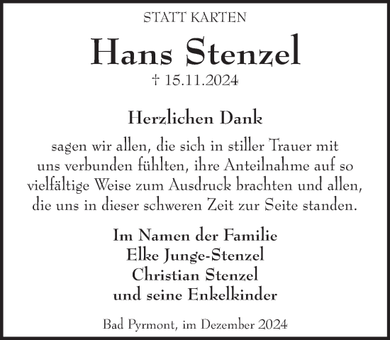Traueranzeige von Hans Stenzel von Deister- und Weserzeitung
