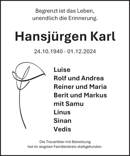 Traueranzeige von Hansjürgen Karl von Deister- und Weserzeitung