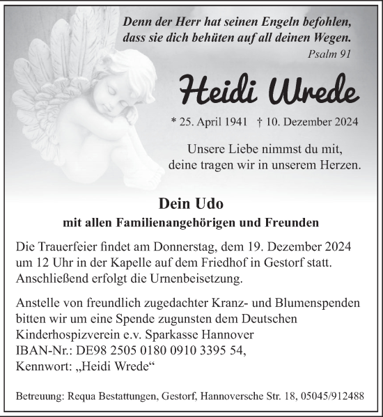 Traueranzeige von Heidi Wrede von Neue Deister-Zeitung