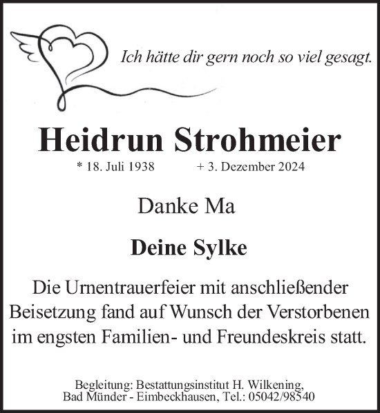 Traueranzeige von Heidrun Strohmeier von Neue Deister-Zeitung