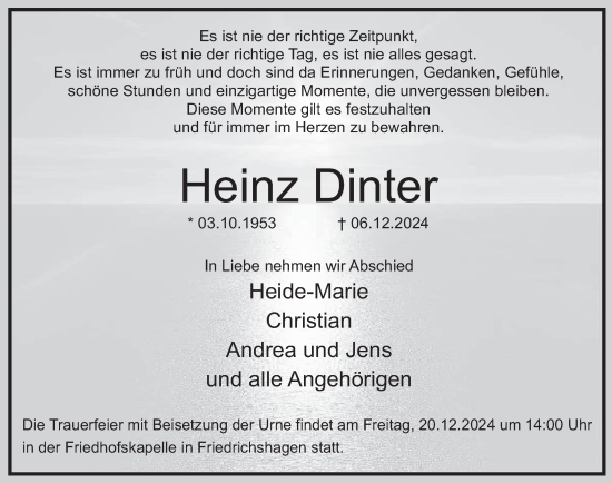 Traueranzeige von Heinz Dinter von Deister- und Weserzeitung